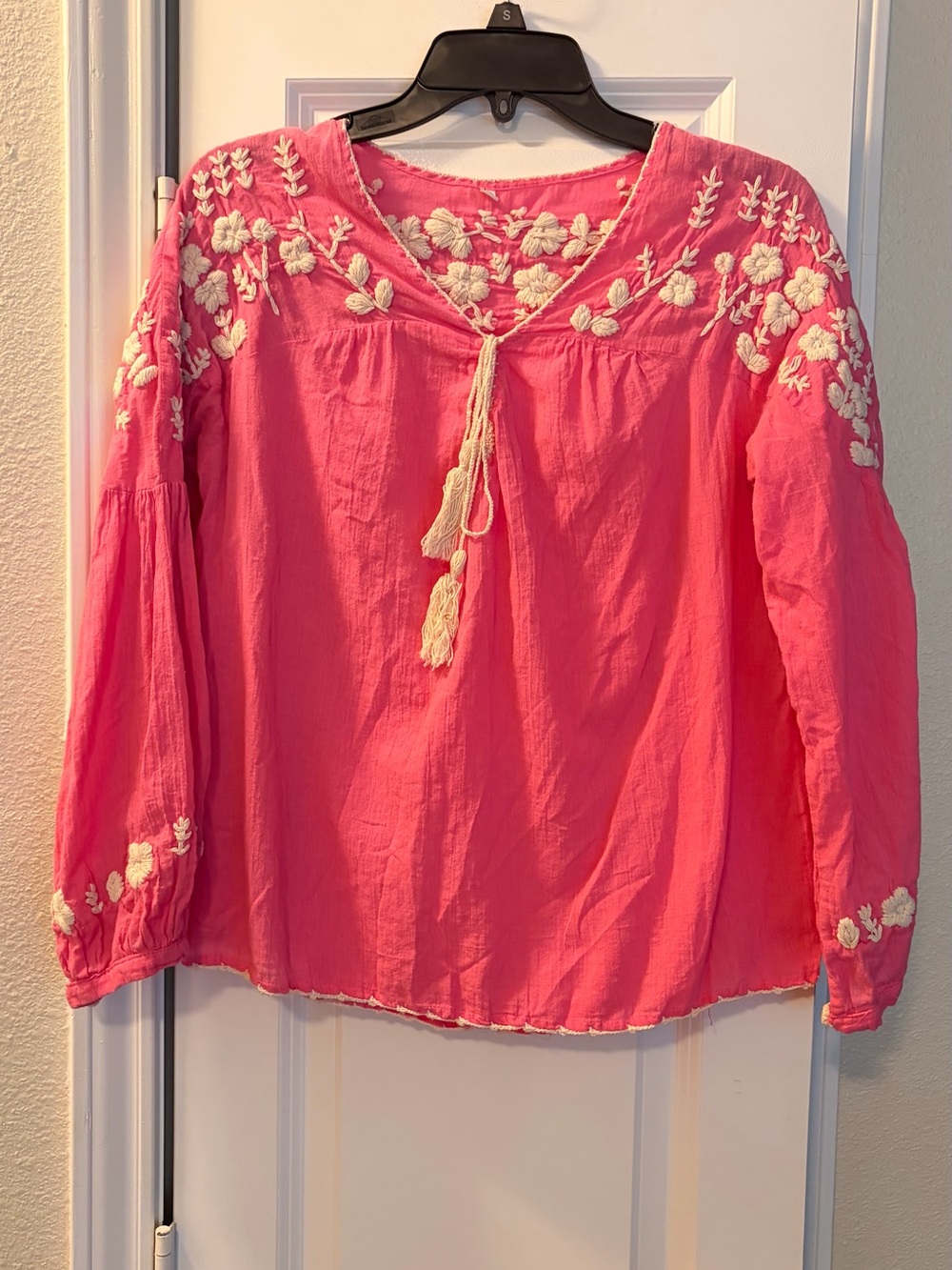 Pink Embroidered Peasant Tunic with Tassel Tie - Picture 2 of 10